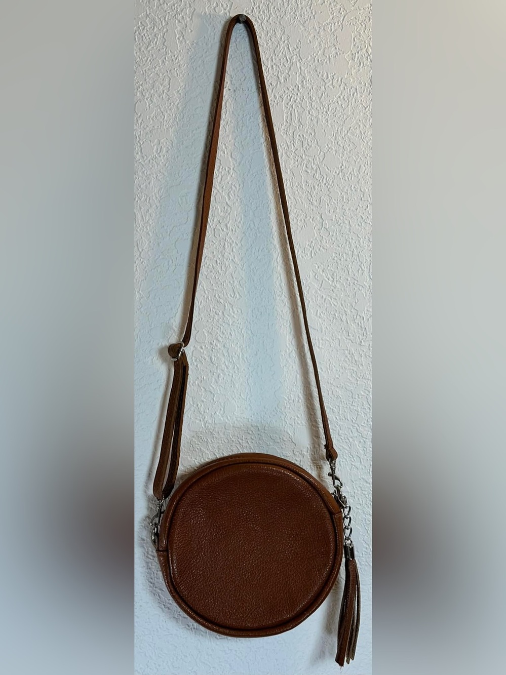 Brown Round Leather Crossbody Bag with Tassel